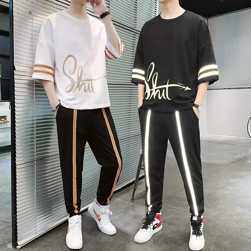 Мужской спортивный костюм на завязках свободная футболка со светоотражающими