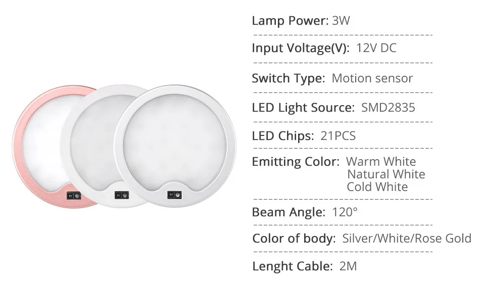 3W Motion Sensor 12V LED Light Puck Lamp Kitchen Under Cabinet Light Wardrobe Cupboard Closet PIR Night Lighting
