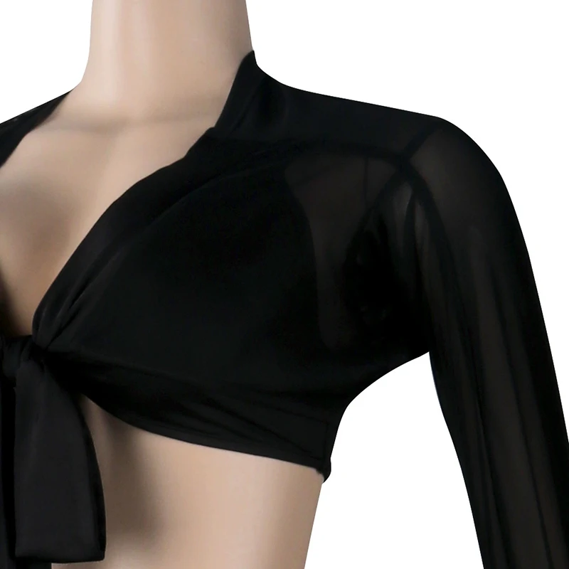 

Kricesseen Sexy Solid Mesh Four pieces Shorts Set Women Long Sleeve Bandage Top And Shorts Bodycon Underwear Party Set Outfits
