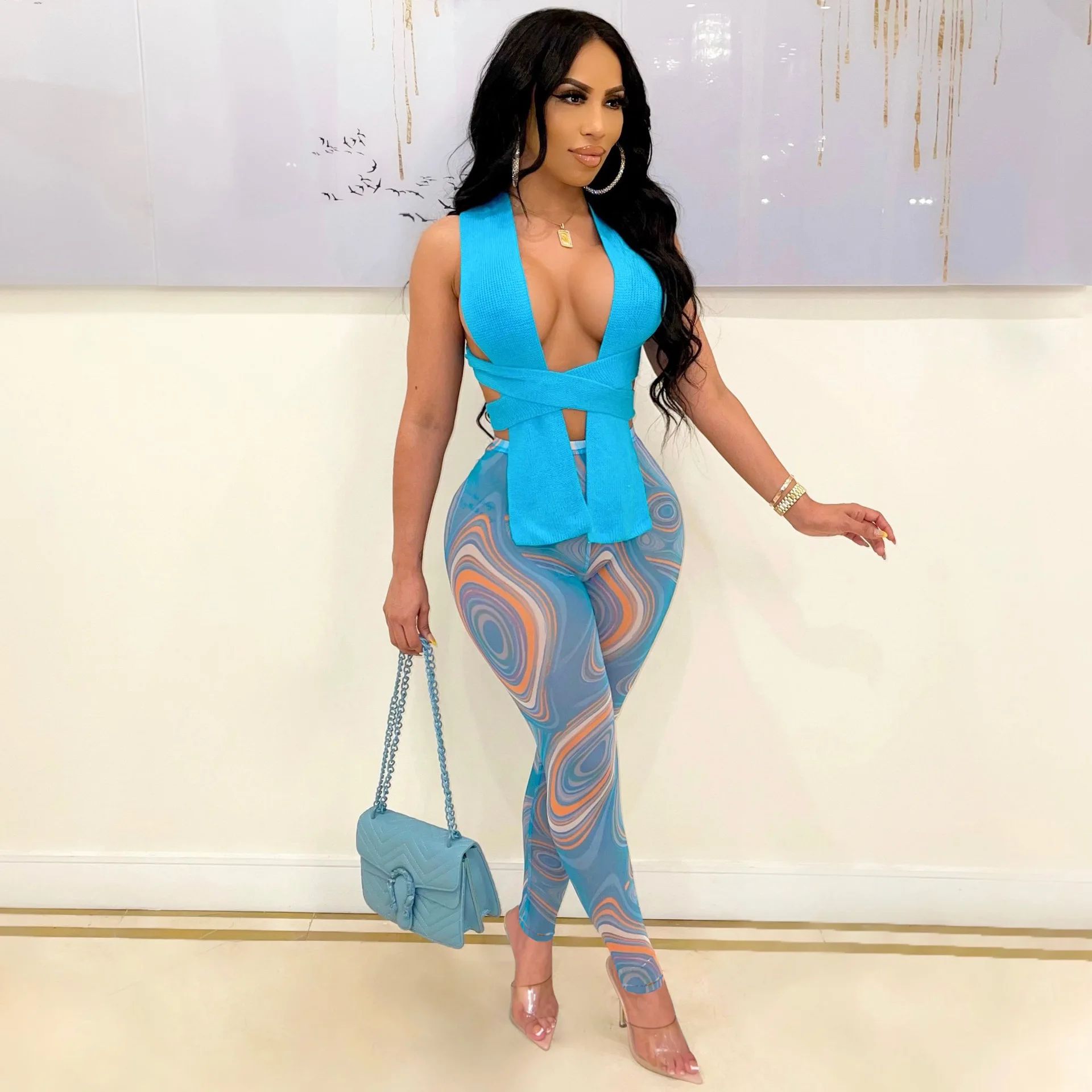 

Sexy Two Piece Set Knitted Bandage Tops Printed Leggings Women Birthday Party Wear Fall Outfits Night Club Matching Sets