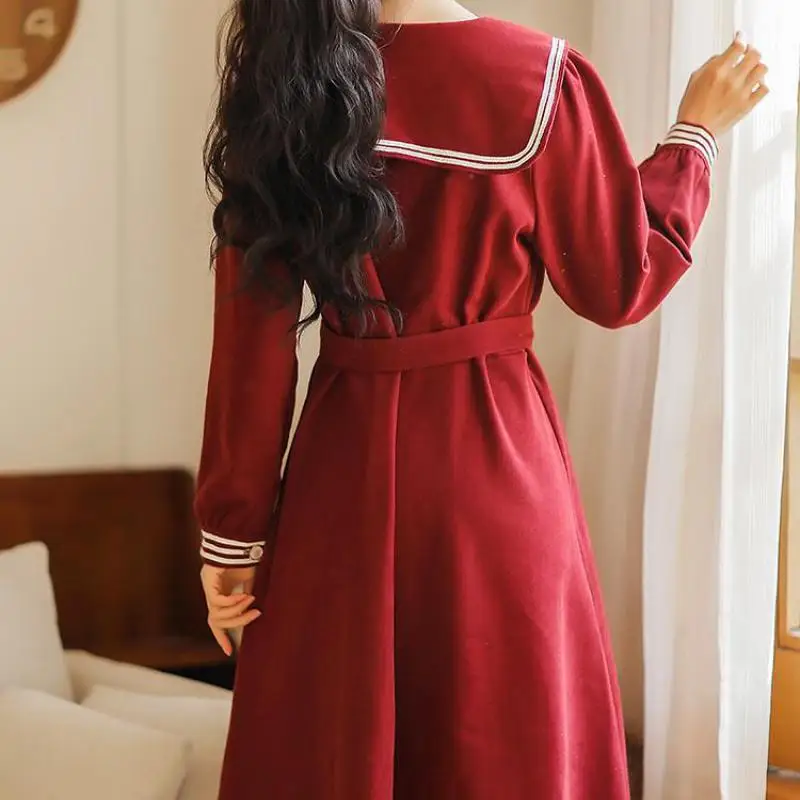 

Women Dress Plus Size Spring Fashion Turn-down Collar Bowknot Belt Decoration A-line Knee-length Long Sleeve 2021
