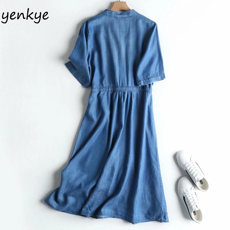 Винтажное голубое джинсовое платье женское свободное Повседневное до колен с
