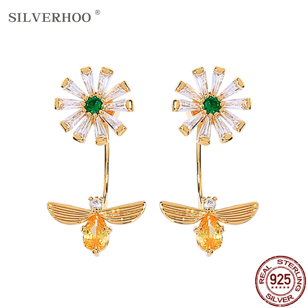 

SILVERHOO 925 Sterling Silver Earrings Creative Flower Design Zircon Earrings Adjustable Ring Sets Jewelry Women's Elegant Gifts