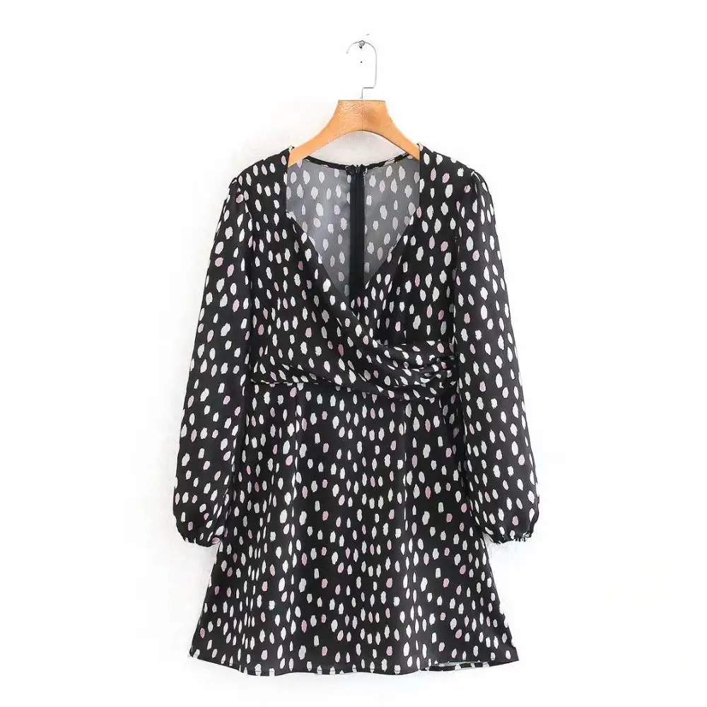 Женское винтажное мини-платье с запахом v-образным вырезом и принтом длинным