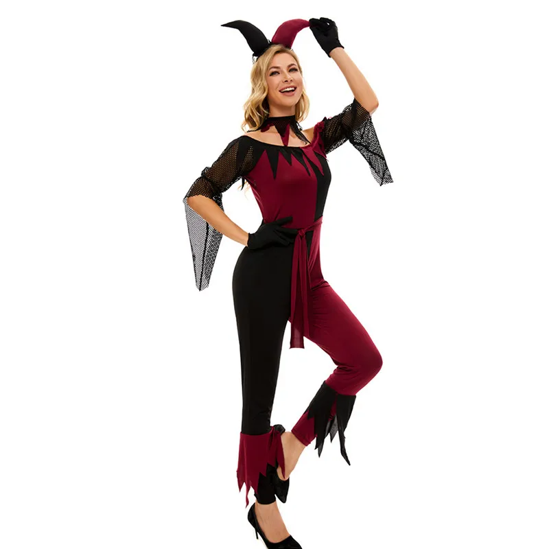 

Black and Red Women Halloween Circus Clown Costume Female Droll Joker Cosplay Carnival Purim Nightclub Bar Role Play Party Dress