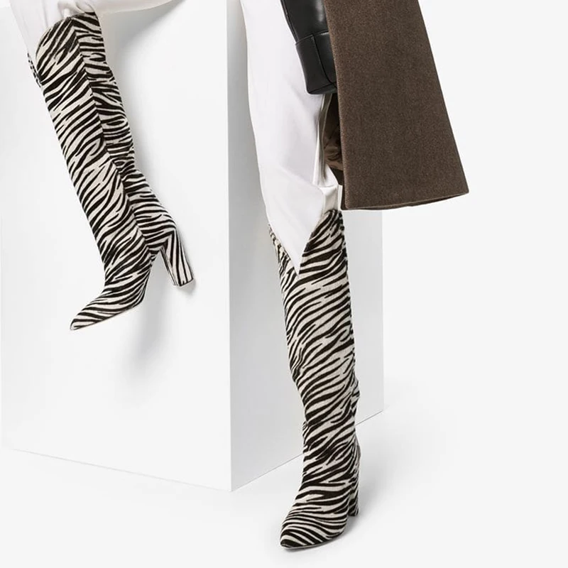 Женские сапоги до колена на массивном каблуке Zebra с острым носком высоком блочном