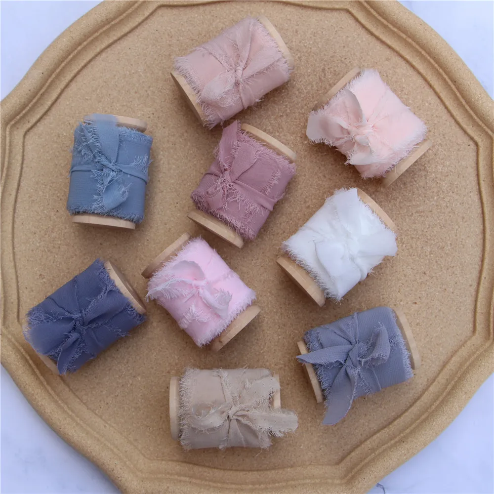 3 шт. ручной работы потертые края шифоновая шелковая лента с деревянной катушкой