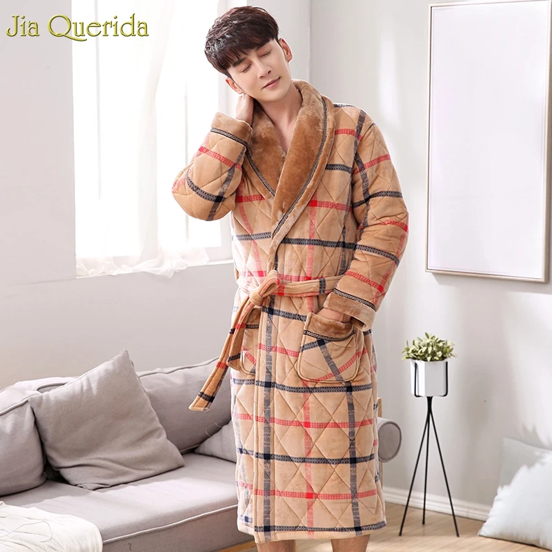 Мужской халат зимний теплый 3 слойный мягкий с длинным рукавом клетчатое