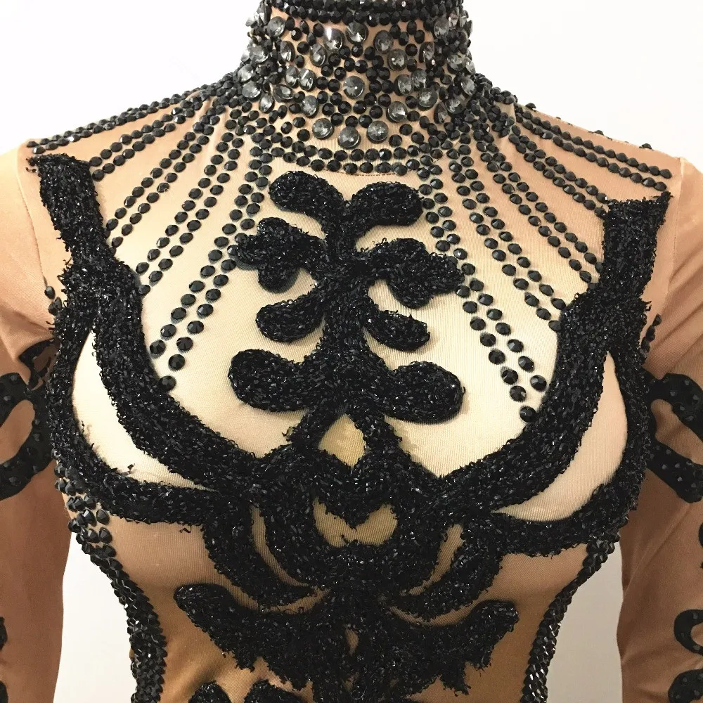 Модный Блестящий Комбинезон с черными кристаллами блестящий костюм для
