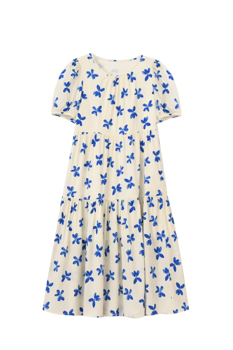 

French floral dress women's long summer 2021 new bubble sleeve floral dress long plus size ruched dress Straight Ruffles