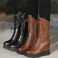 increasing height ankle boots womens genuine cow leather winter warm military riding high heel boots lace up oxfords round toe