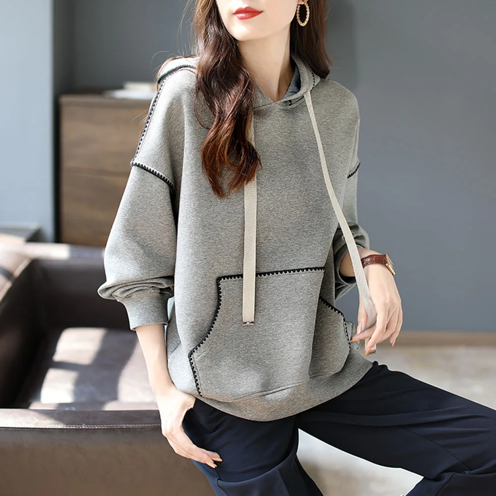 Женская толстовка с капюшоном однотонная Толстовка в Корейском стиле карманами