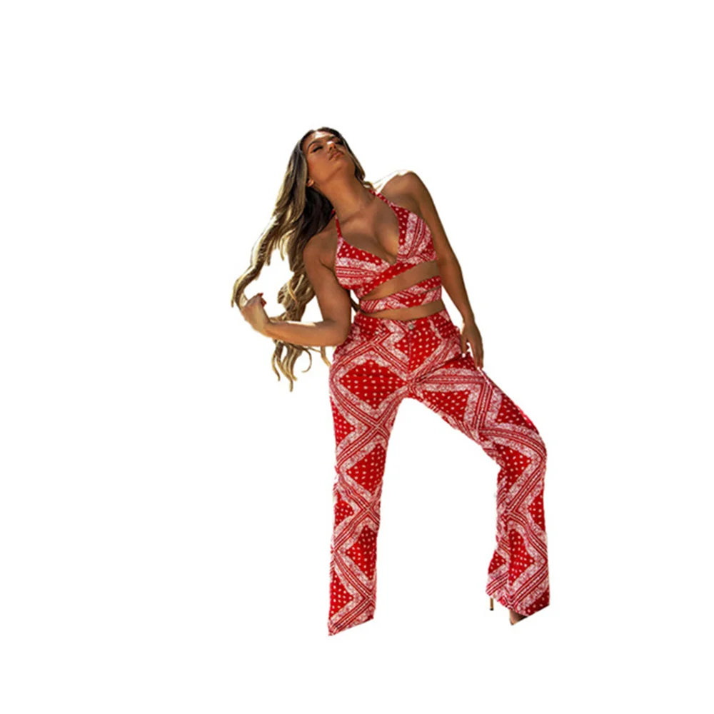 

RStylish 2021 New Women Set Sexy Tracksuit Print Bandage Halter Bra Tops Sheath Elastic Long Pants Two Piece Sets Summer Outfits