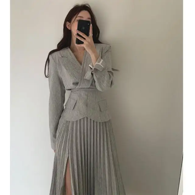 

2 Piece Set 2021 Women Blazer Jacket + Pleated Skirt Outfits Suit