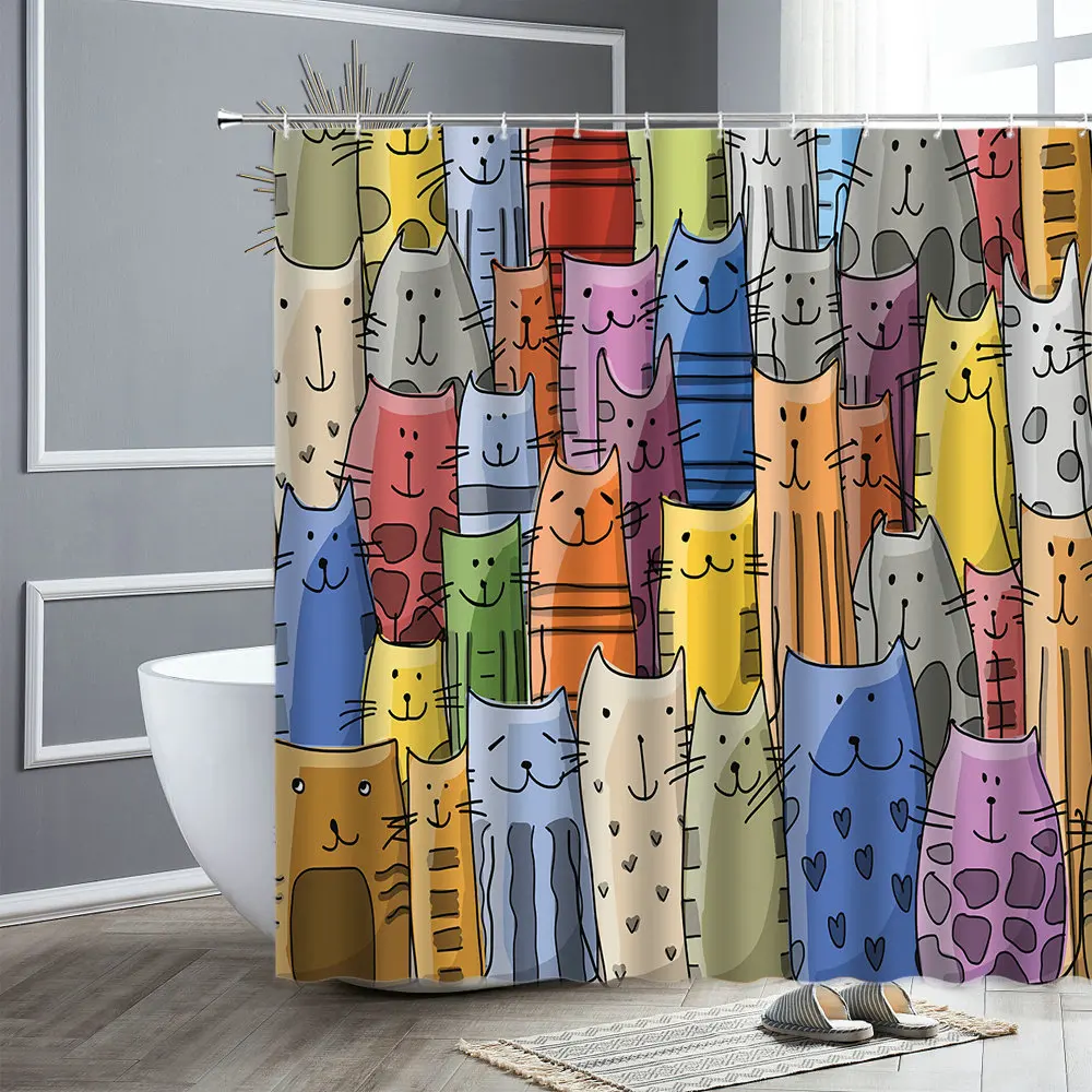 

Lovely Cat Printing Shower Curtain Polyester Waterproof Personality Bathroom Curtains Bathing Screen Bathtub Decor With Hooks
