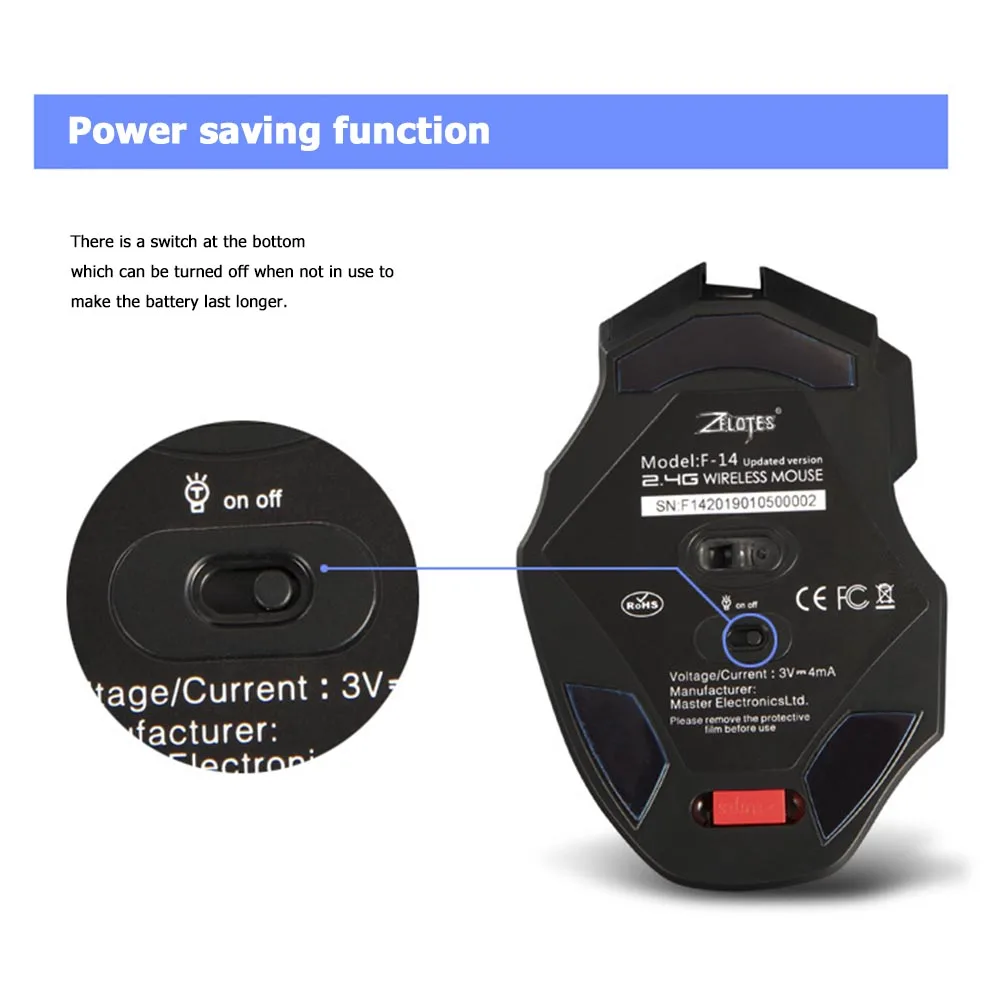 

ZELOTES F-14 2.4G Wireless Gaming Mouse Rechargeable 4000 PDI Adjustable Optical Mice with USB Receiver for Laptop Desktop PC