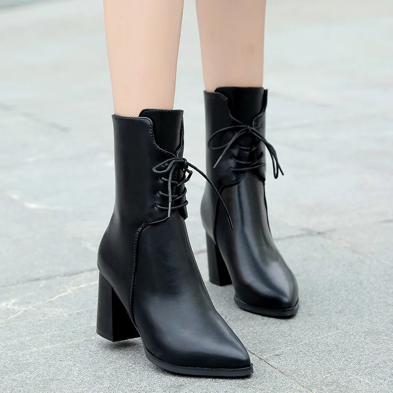 Прямая поставка женские ботинки с острым носком зеленый плюшевый каблук теплые