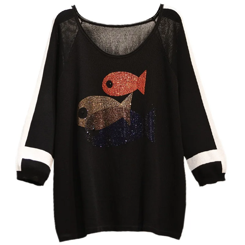 

Корейские повседневные свободные женские топы с длинным рукавом и изображением рыбок из мультфильма стены разы осенние вязаные свитеры ов...