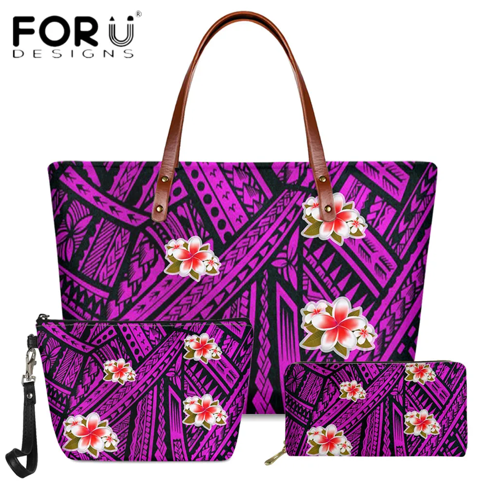 

FORUDESIGNS New Trend 3pcs Set Women Handbag Purple Color Hawaiian Maoli Polynesian Plumeria Printing Ladies Shoulder Bolsa