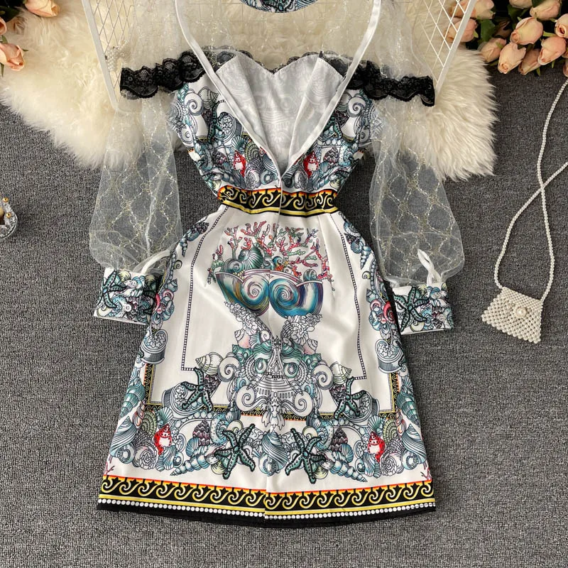 

New Spring Fashion Lace Ruffles Mesh Patchwork Print Vintage Runway Dress Women Robe Elegant Long Sleeve Aline Knee Vestidos