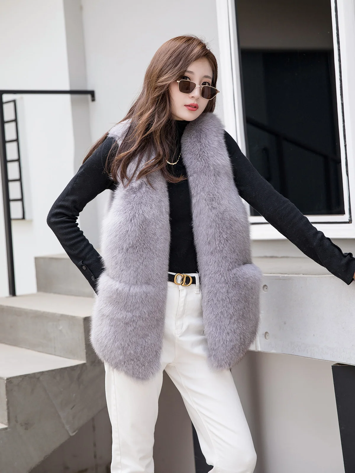 Natural fox fur waistcoat, full fur women's jacket, fox fur top, outer wear leather grass waistcoat, noble clothing