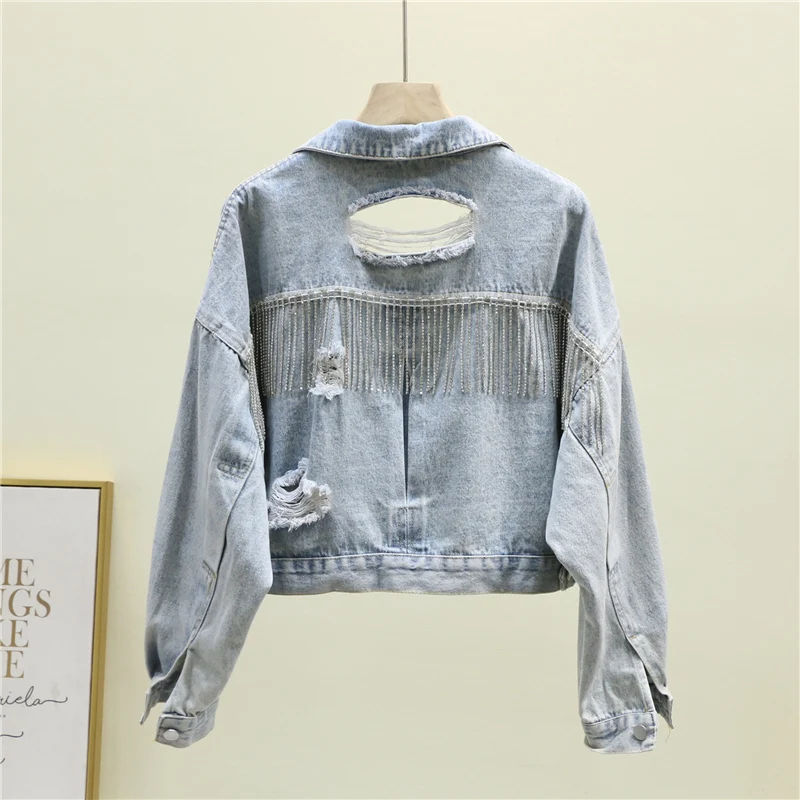 Осенняя Короткая свободная куртка-бомбер с бахромой женские джинсовые куртки