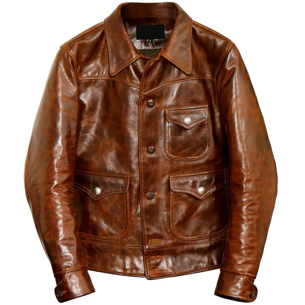

Vintage Tuscan Batik Cowhide Genuine Leather Silver Clasp Western Cowboy Genuine Leather Jacket Men Locomotive Leather Coat