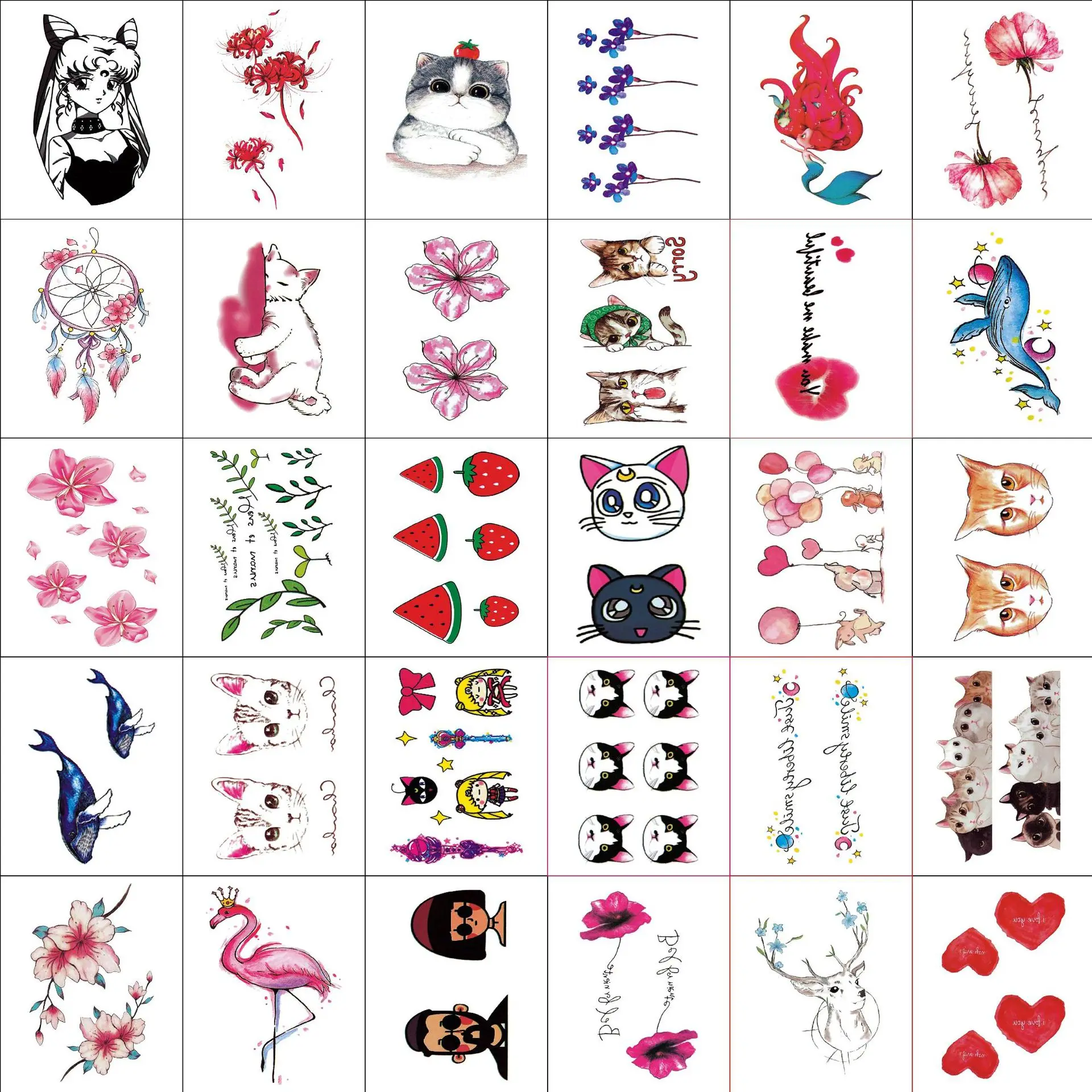 30 шт./компл. Временная тату-наклейка водостойкая кошка цветок Ловец снов