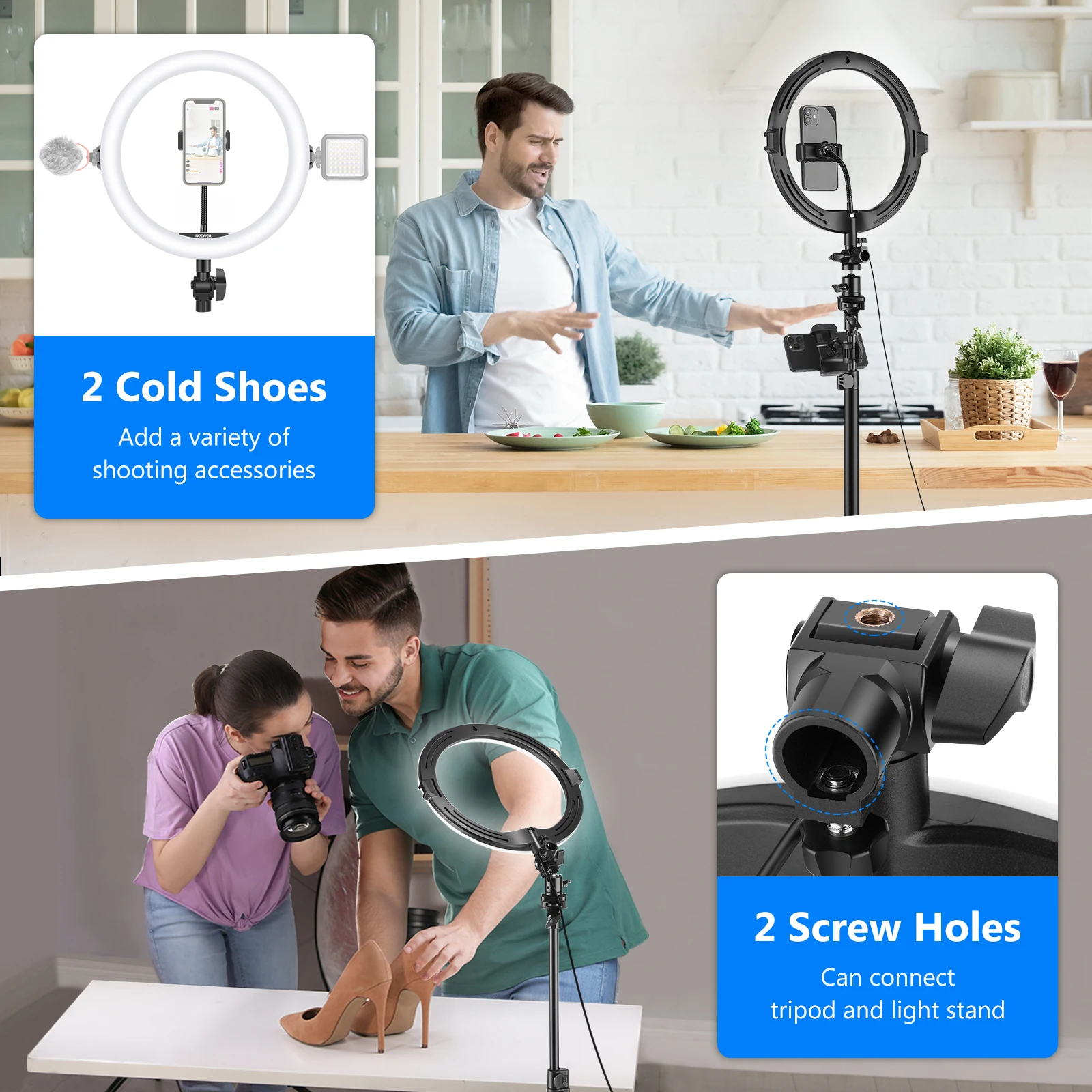 

Neewer 10-inch Selfie Ring Light with Tripod Monopod Stand and 2 Phone Holders,USB Ringlight for Makeup/Live/ YouTube,2800-6500K