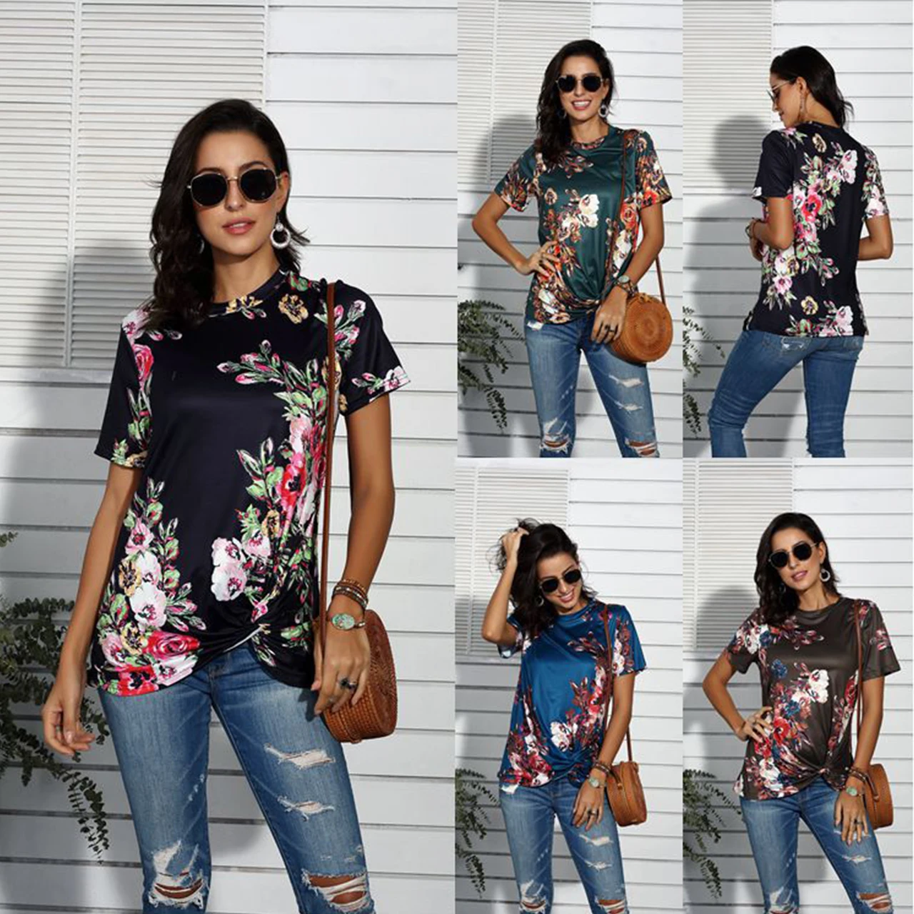 

2020 Summer Women's T-shirt New Hot Sale European and American Flowers Printing Short Sleeve O-Neck Loose Women's Tops