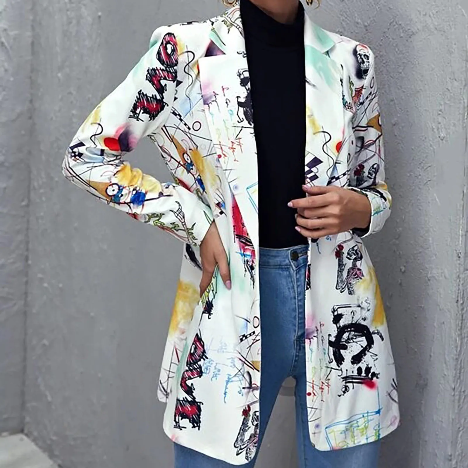 

2021 New Women's Art Print Suit Jackets Elegant One Button Cartoon and Letter Print Suit Jackets Streetwear casaco feminino