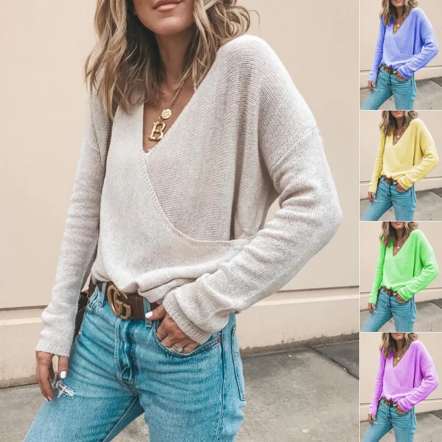 

2020 Autumn Winter Knitted Woman Sweaters Solid Casual Loose V Neck Pullover Women Candy Colors Korean Sweater Top Ropa Mujer