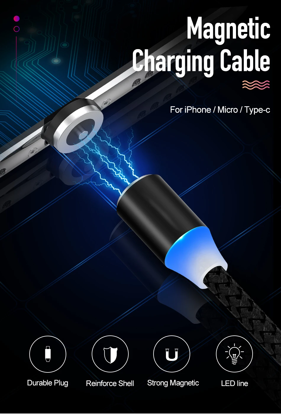 Светодиодный магнитный usb-кабель для быстрой зарядки iPhone samsung, кабель Micro USB type C, магнитный телефонный кабель для Xiaomi huawei