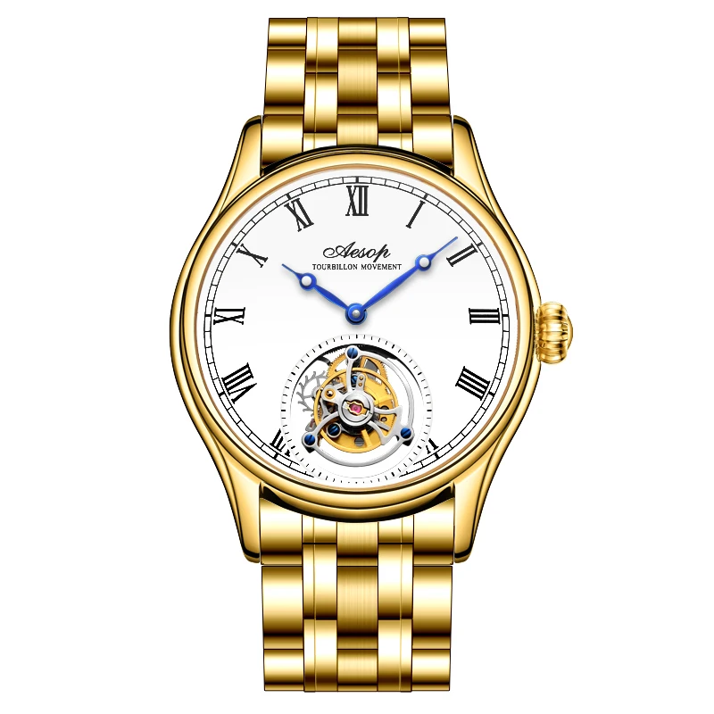 

AESOP 7021 Gold Watch Tourbillon Watch Real Tourbillon Movement Sapphire Waterproof All Stainless Steel Leather Strap