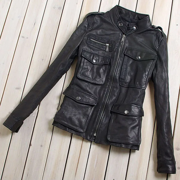 Женские ботинки из натуральной кожи Кожаная куртка пальто овечьей Готический Slim