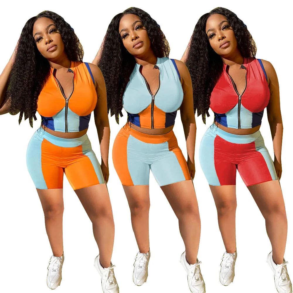 

s-2xl sport fashion shorts set Stitching color sleeveless zipper top and shorts two piece set women Wholesale Dropshipping