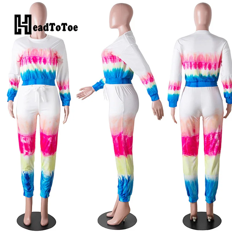 

Tie Dye Casual Sporty Women Two Piece Set Round Neck Long Sleeve Crop Top & Drawstring Pants Set Tracksuits