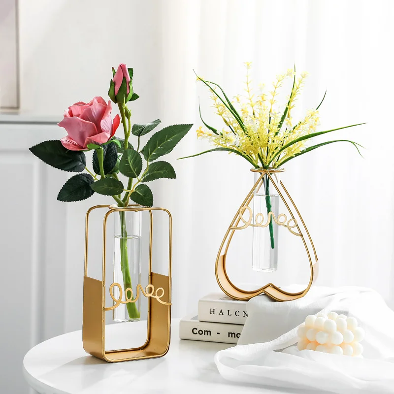 

Nordic Style Creative Hydroponic Vase Ornament Modern Living Room Home Decoration Floral Metal Flower Stand Test Tube Glass Vase
