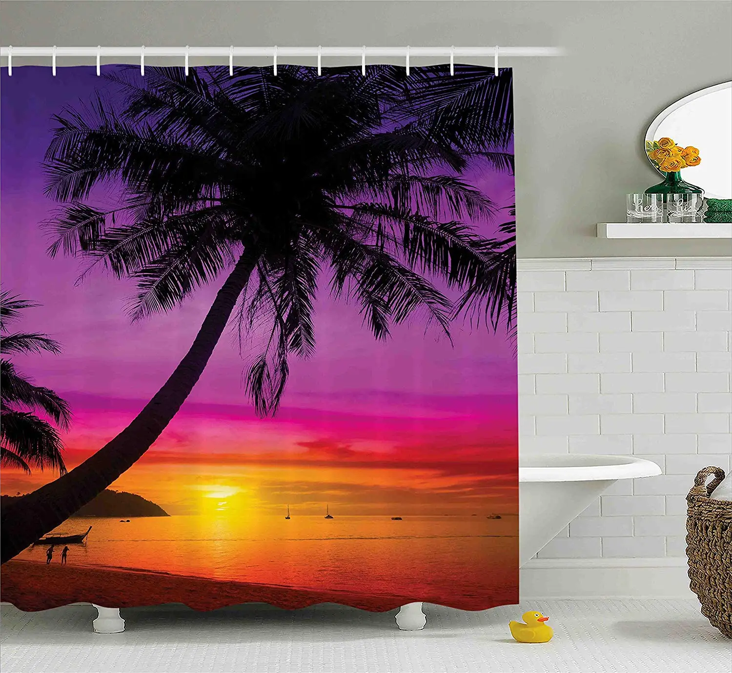 

Tropical Shower Curtain Palm Tree Silhouette on Beach at Sunset Summertime Travel Destination Cloth Fabric Bathroom Decor Set