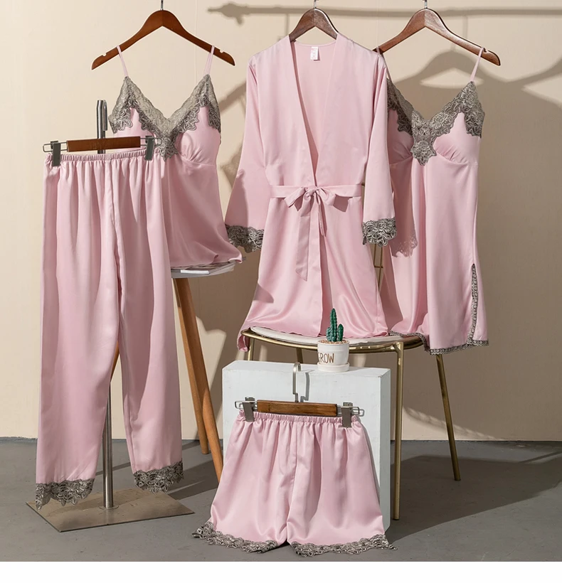 

5 Five-Piece Set Nightwear Sexy Satin Pajama Spring Women Sleepwear Embroidery Silk Nightgown Home Clothes Large Size Pijama XXL