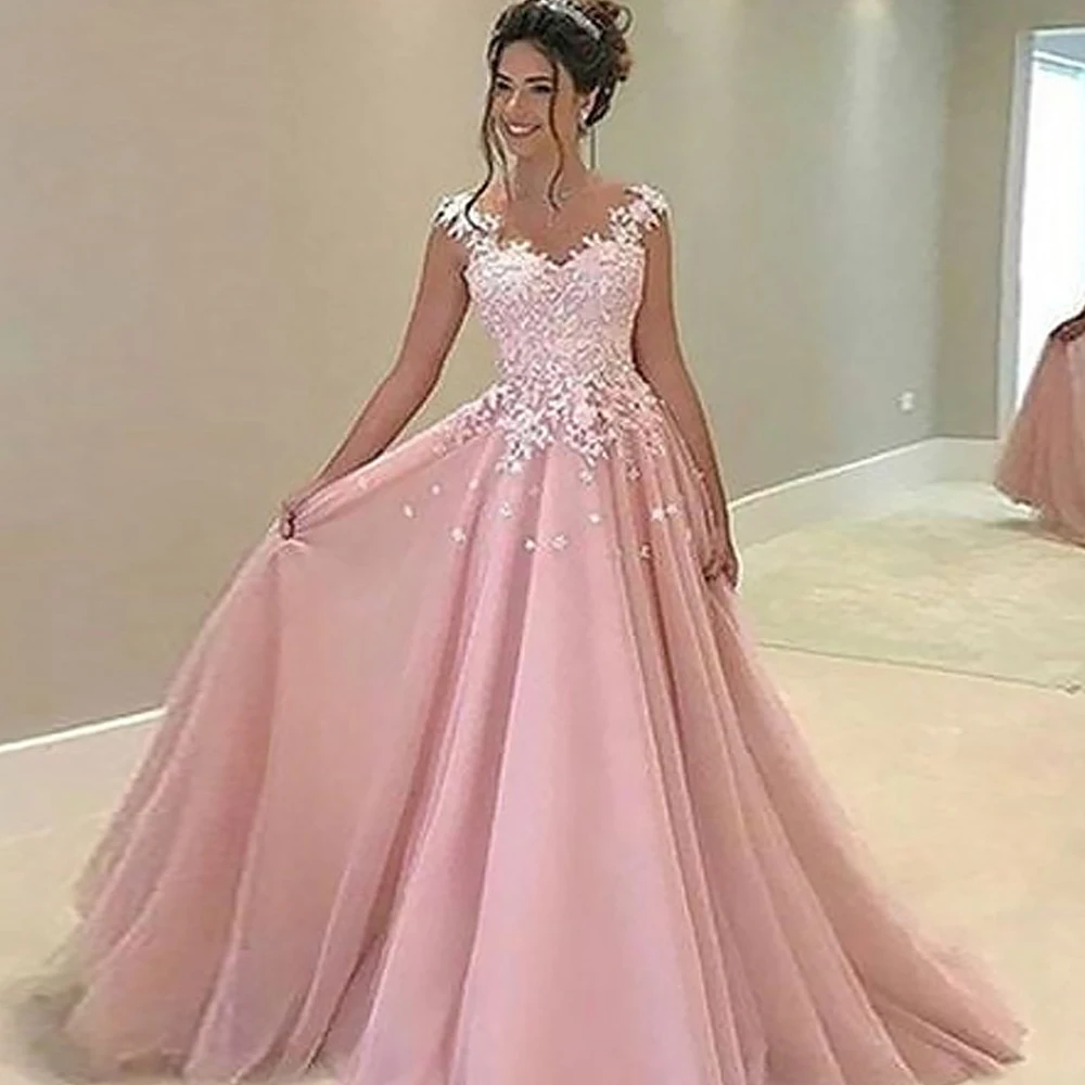 

A-Line Sweetheart Evening Dress Long 2021 Pink Princess Sleeveless Floor-Length Applique Tulle Prom Gown Lace vestidos de fiesta