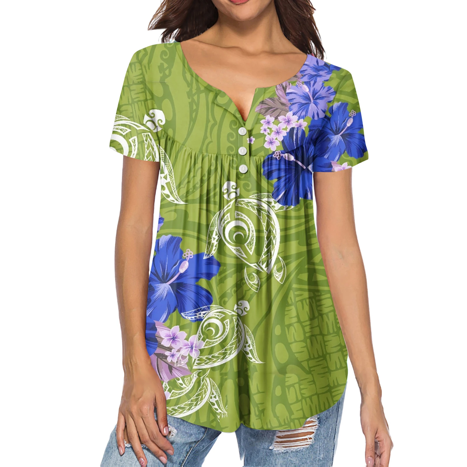 

HYCOOL Wholesale Green Polynesian Hibiscus Design Summer Women Short Sleeve Pleated Buckle Shirt Casual Home Ladies Chiffon Tops