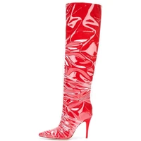 runway pleated boots transparent pvc patchwork high heel boots sexy pointed toe woman over the knee boots fashion riding boots