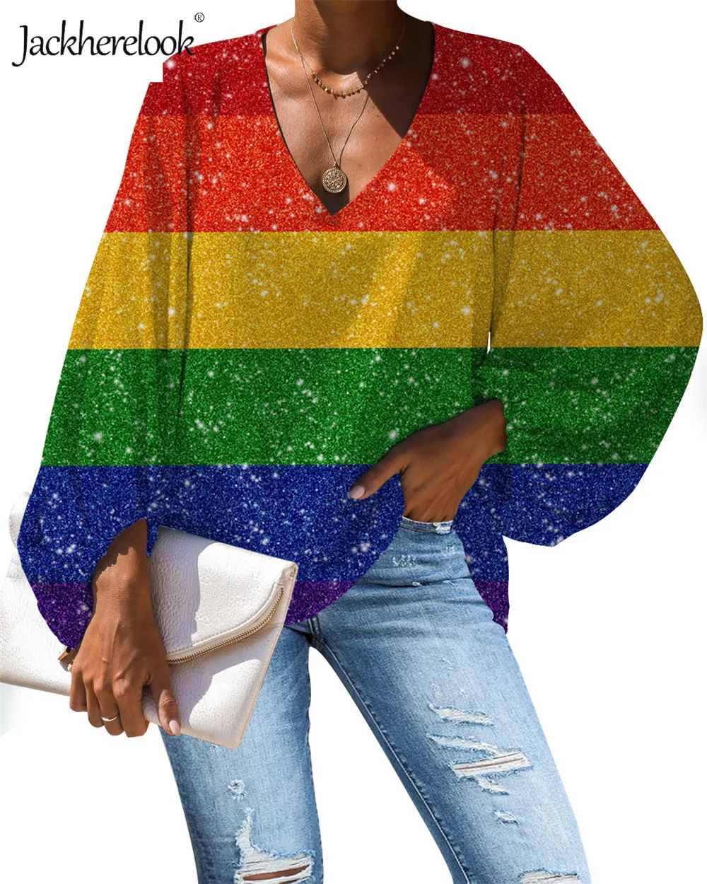

Женская блузка с длинным рукавом jackhereluk, летний Свободный пуловер с принтом радужного флага, повседневная одежда