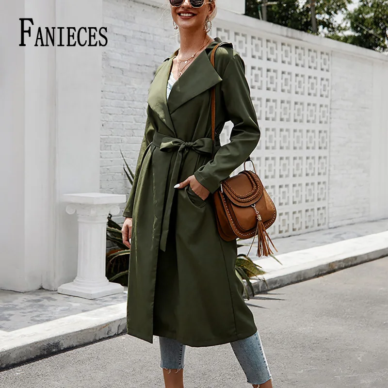 

FANIECES 2021 осеннее длинное пальто, женские зеленые тренчи, повседневные женские ветровки с поясом, тонкая верхняя одежда, уличная одежда KK7033
