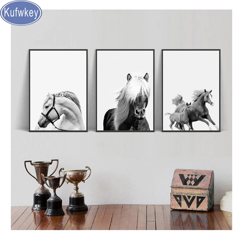Черный белый цвет Лошадь 5d DIY алмазная живопись 3 шт. Набор для вышивания