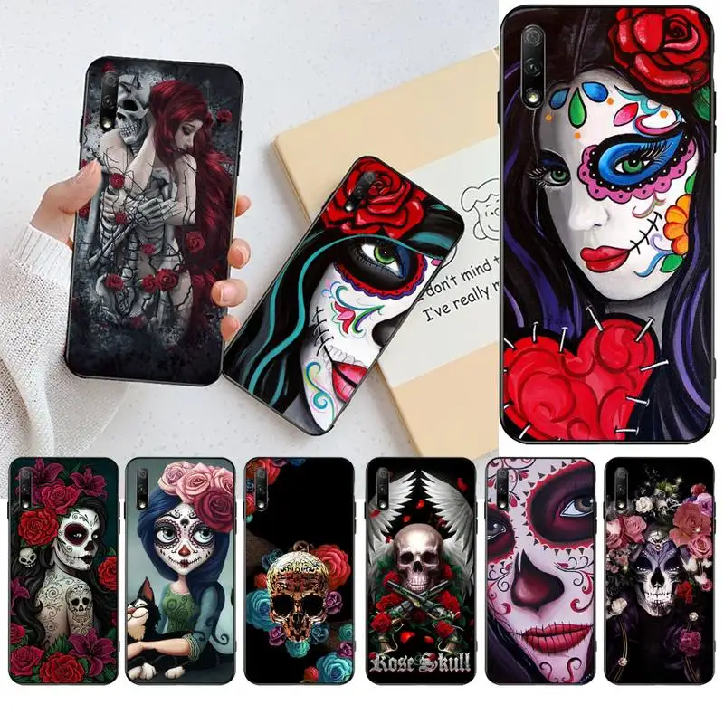 Чехол для телефона с изображением девушки черепом и розами Huawei Nova 6se 7 7pro 7se honor 7A 8A
