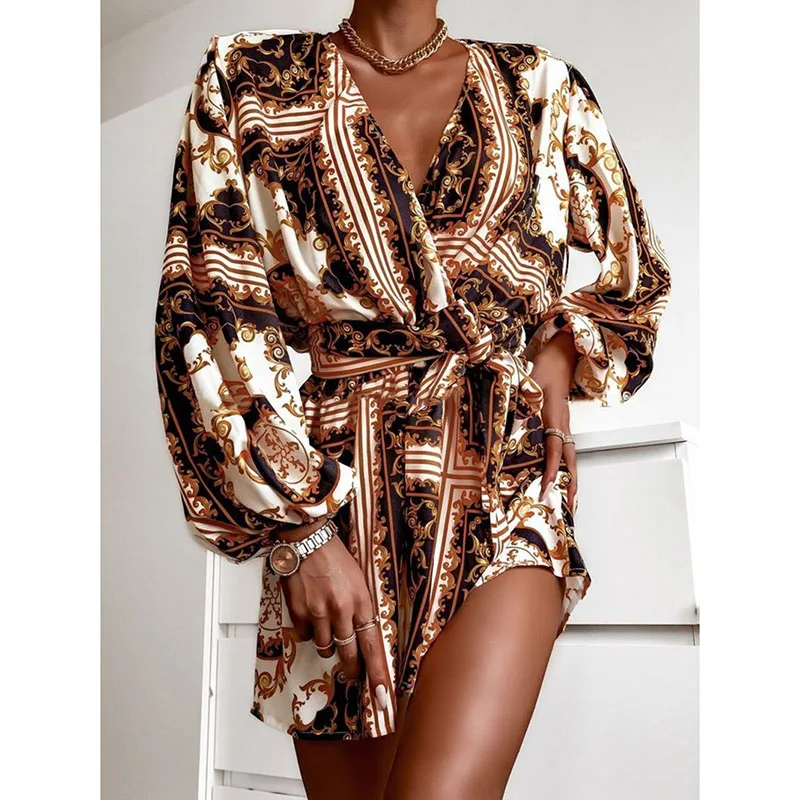 

Vintage Women's Dress Autumn Lantern Sleeve V-Neck Dresses for Women 2021 Print Sashes Casual A-Line Long Sleeve Dress Woman