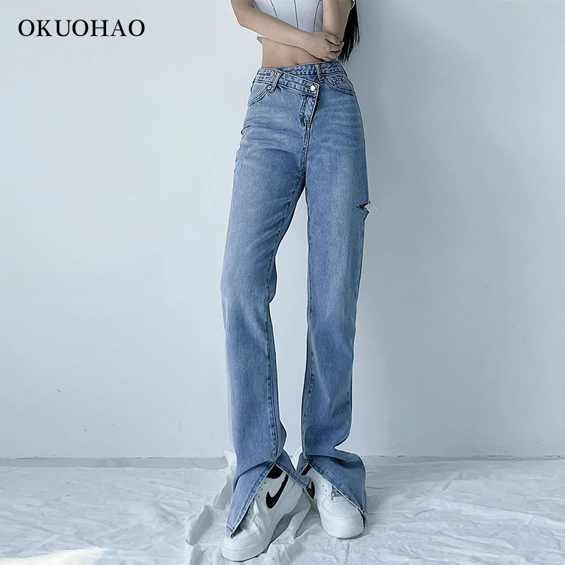 

Irregular Waist Jeans Women Baggy Split Mom Jeans Denim Pants Fashion Y2k Flared High Waist Trousers Boot Cut Ripped Jeans