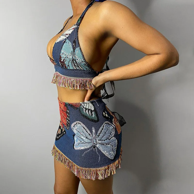 

Vintage Floral Print Two Piece Set Skirt Woman Sexy Halter Backless Crop Tops And Mini Skirts Suits Women's Vactaion Outfits